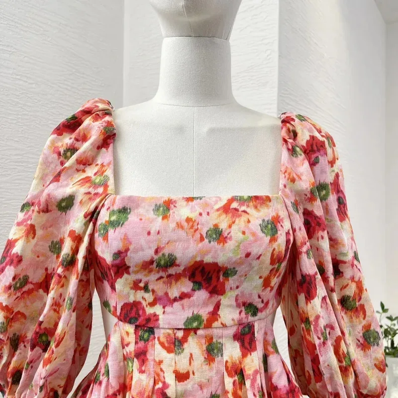 Minivestido de lino con estampado Floral rojo para mujer, minivestido de media manga con Espalda descubierta, cintura recortada, cuello cuadrado, alta calidad, 2025