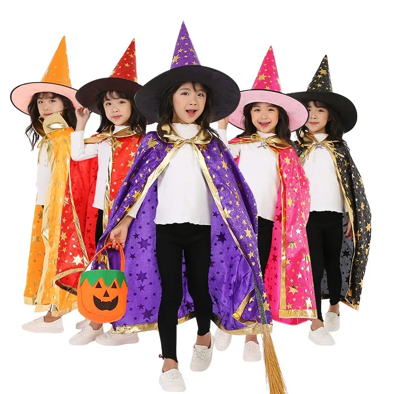 Children Halloween Costumes Star Wizard Witch Cloak Cape Robe with Pointy Hat Cosplay Props Birthday Party Mardi Gras Accessory