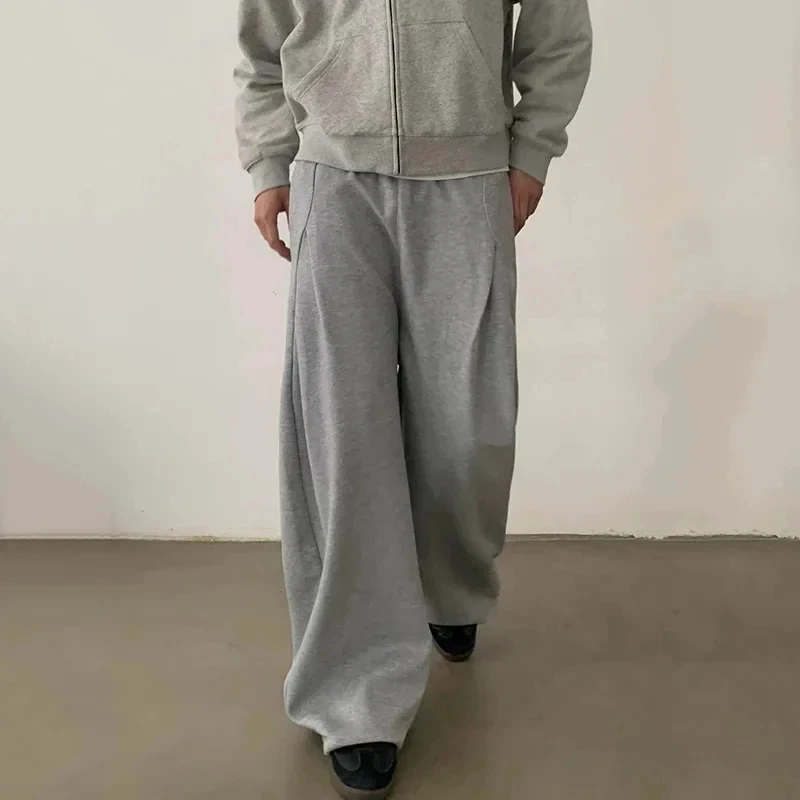 

New Simple Men's Sweatpants Solid Color Elastic Waist Deconstruction Casual Pleated Design Wide Leg Autumn Male Pants