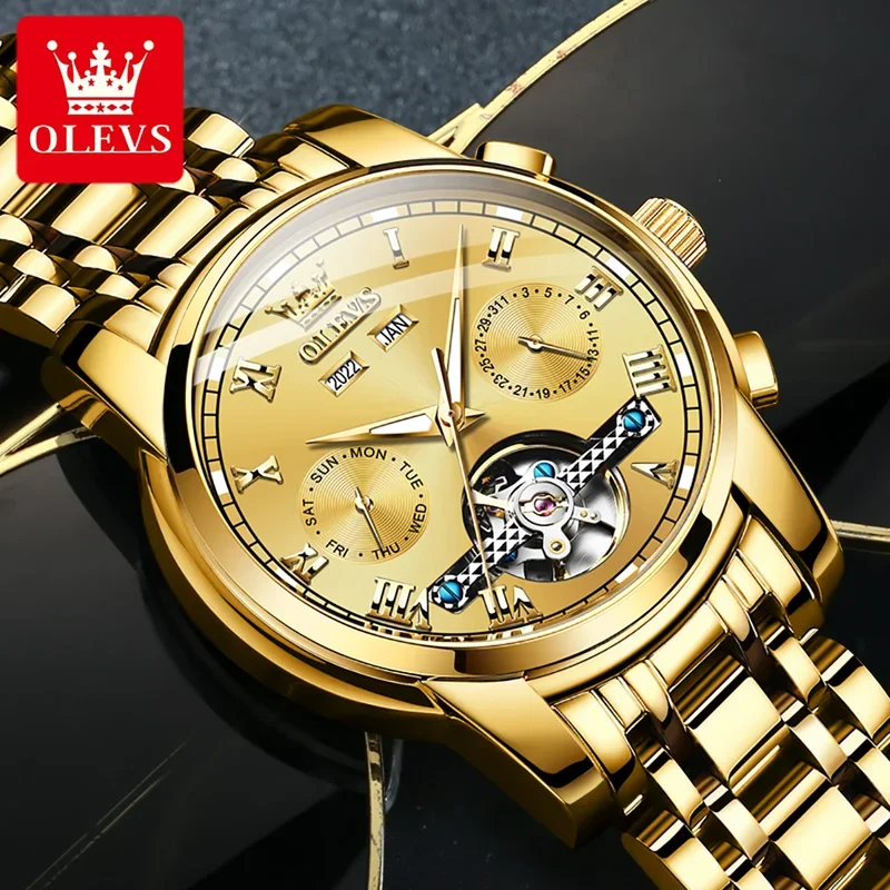 Olevs 6607 luxury gold mechanical watch men fashion stainless steel strap waterproof calendar business men\'s watc