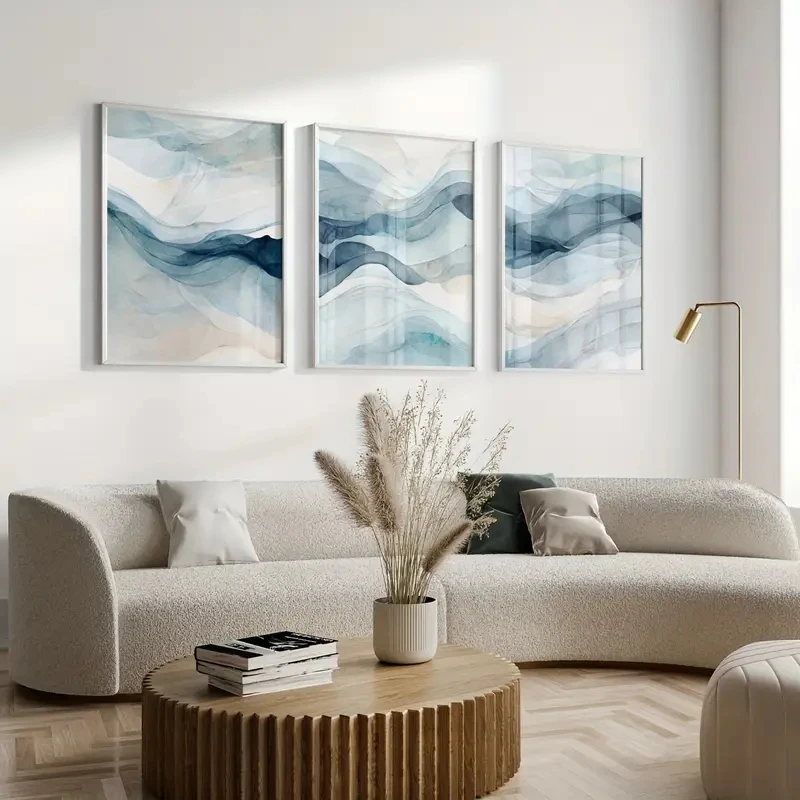 3 قطع/مجموعة طباعة قماشية بسيطة بألوان مائية حديثة تجريدية باللون الأزرق الداكن، مناسبة لتزيين غرفة المعيشة وغرفة النوم، فن جداري من القماش
