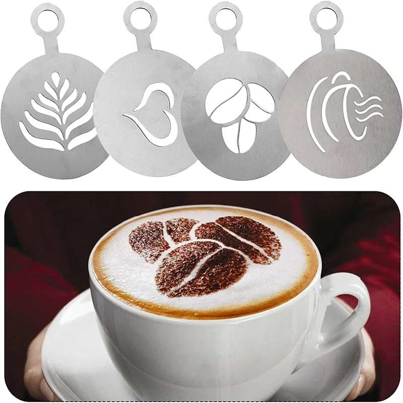 4 Pcs Stainless Steel Coffee Stencils Set Cake Cookie Baking Mold Coffe Decoration Tool Latte Cappuccino Barista Art Stencils