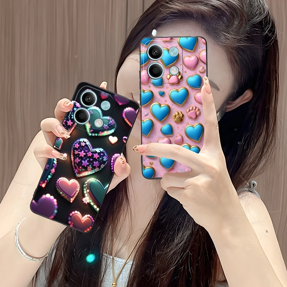 Y2K Glowing Love Hearts Mobile Phone Case for Xiaomi POCO M6 M5 M4 M3 X6 X5 X4 X3 F6 F5 F4 F3 F2 C40 Pro GT 5G Black Cover Shell