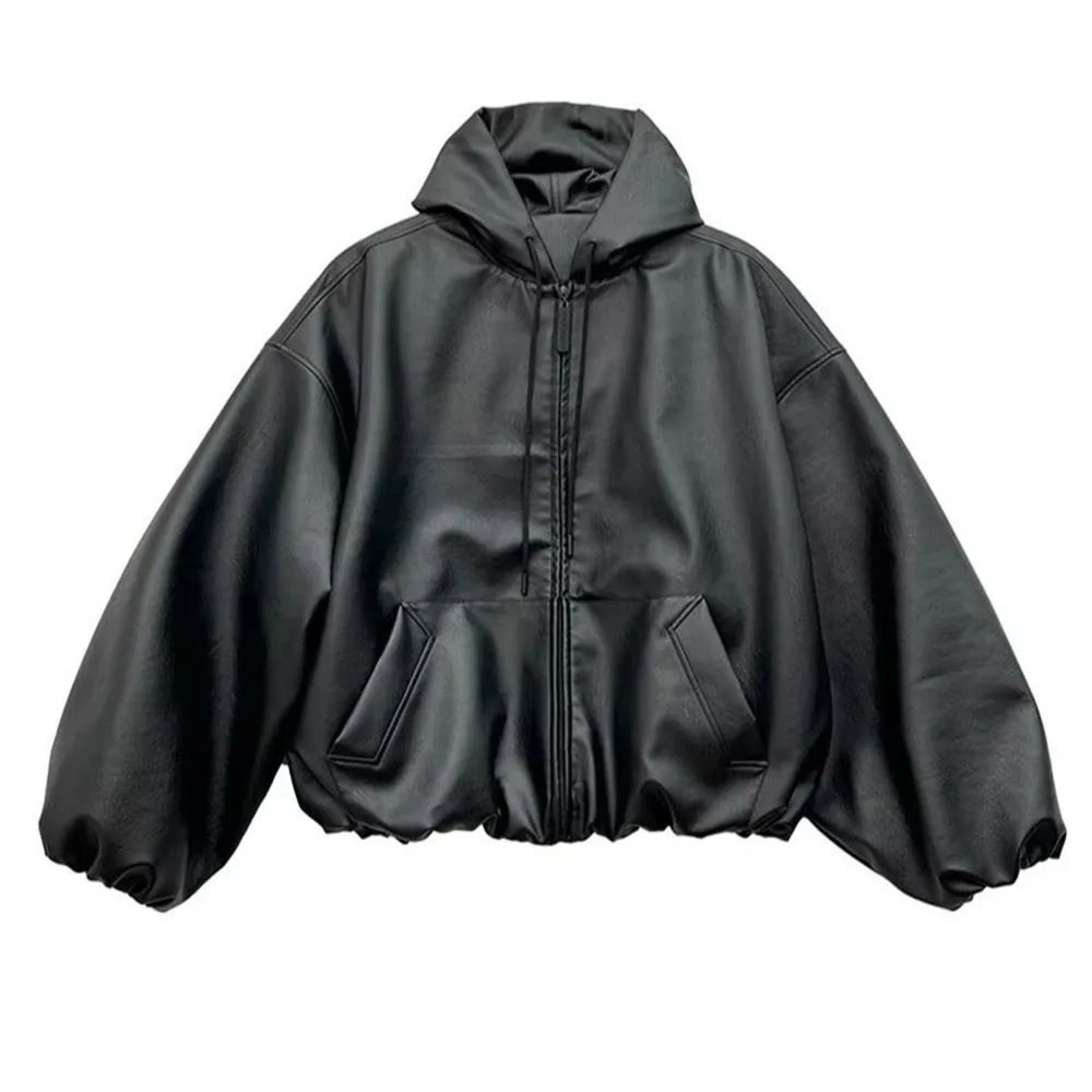 High Street Black Color Pu Leather WIndbreaker Coat Mens and Women Cleanfit Casual Loose Zipper Hooded Jackets Oversized