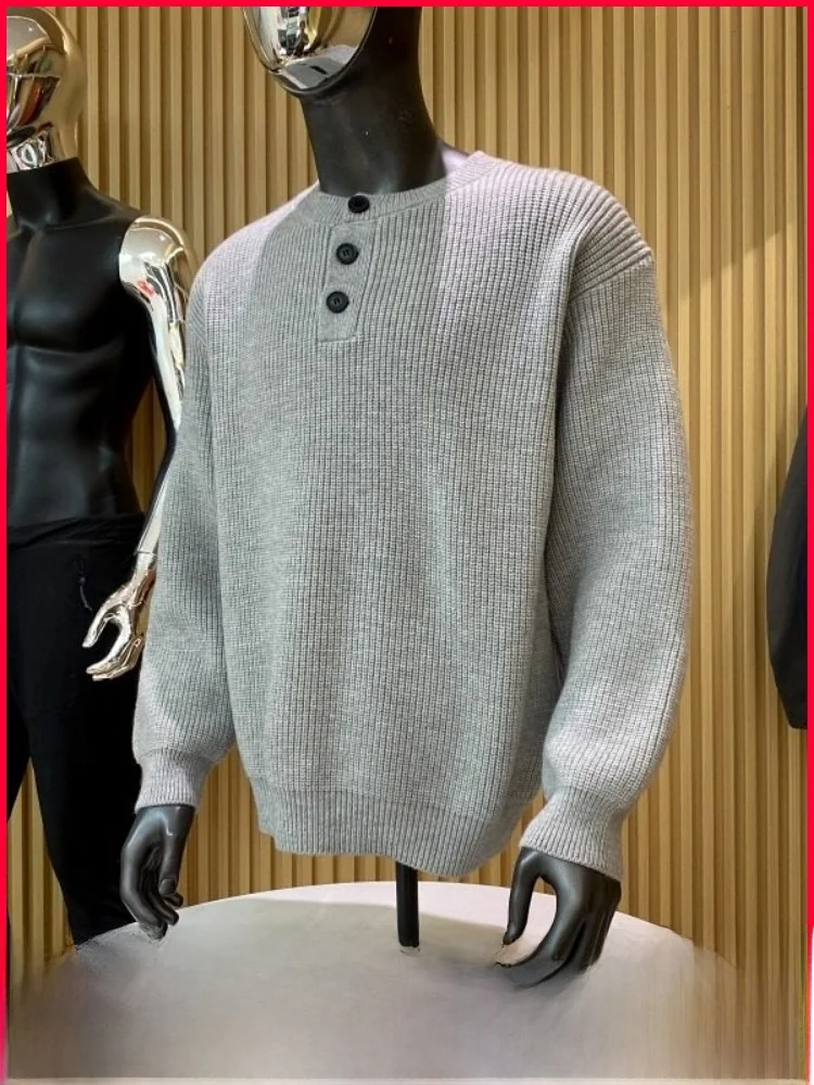 

Мужской вязаный свитер с воротником хенли, утепленный, осенне-зимний, теплый, свободного кроя, из полиэфирного волокна, мягкий, с длинными рукавами, модный, повседневный.