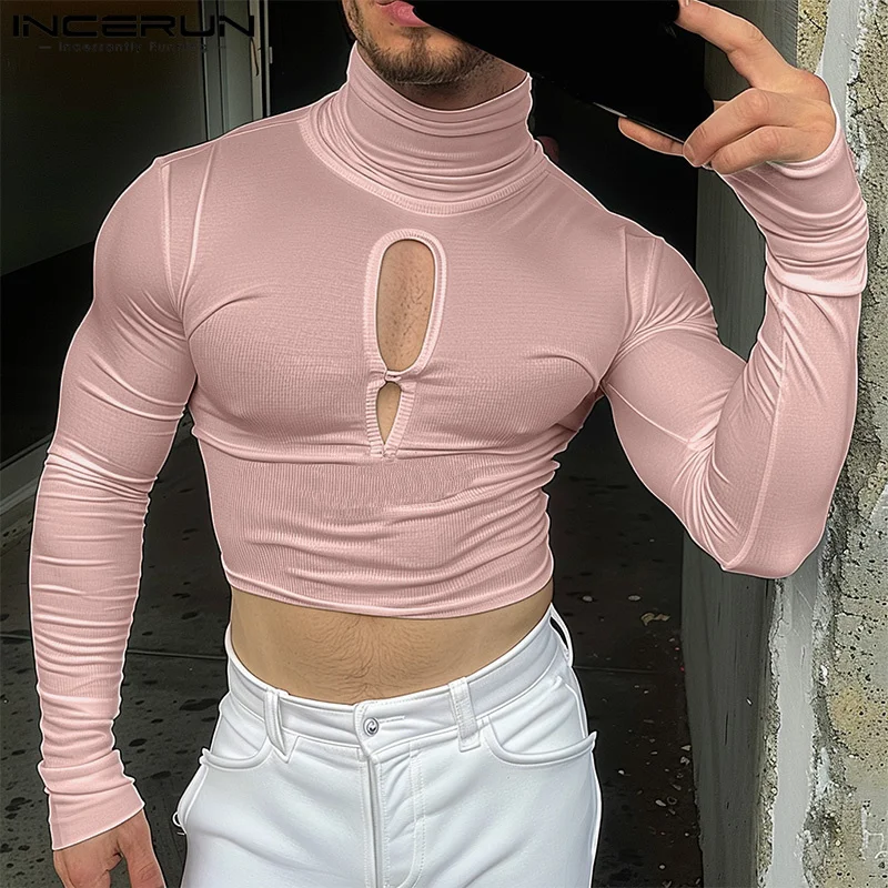 INCERUN Tops 2024 American Style Fashion Men's Deconstruction High Neck Hollow T-shirts Sexy Casual Solid Long Sleeved Camiseta