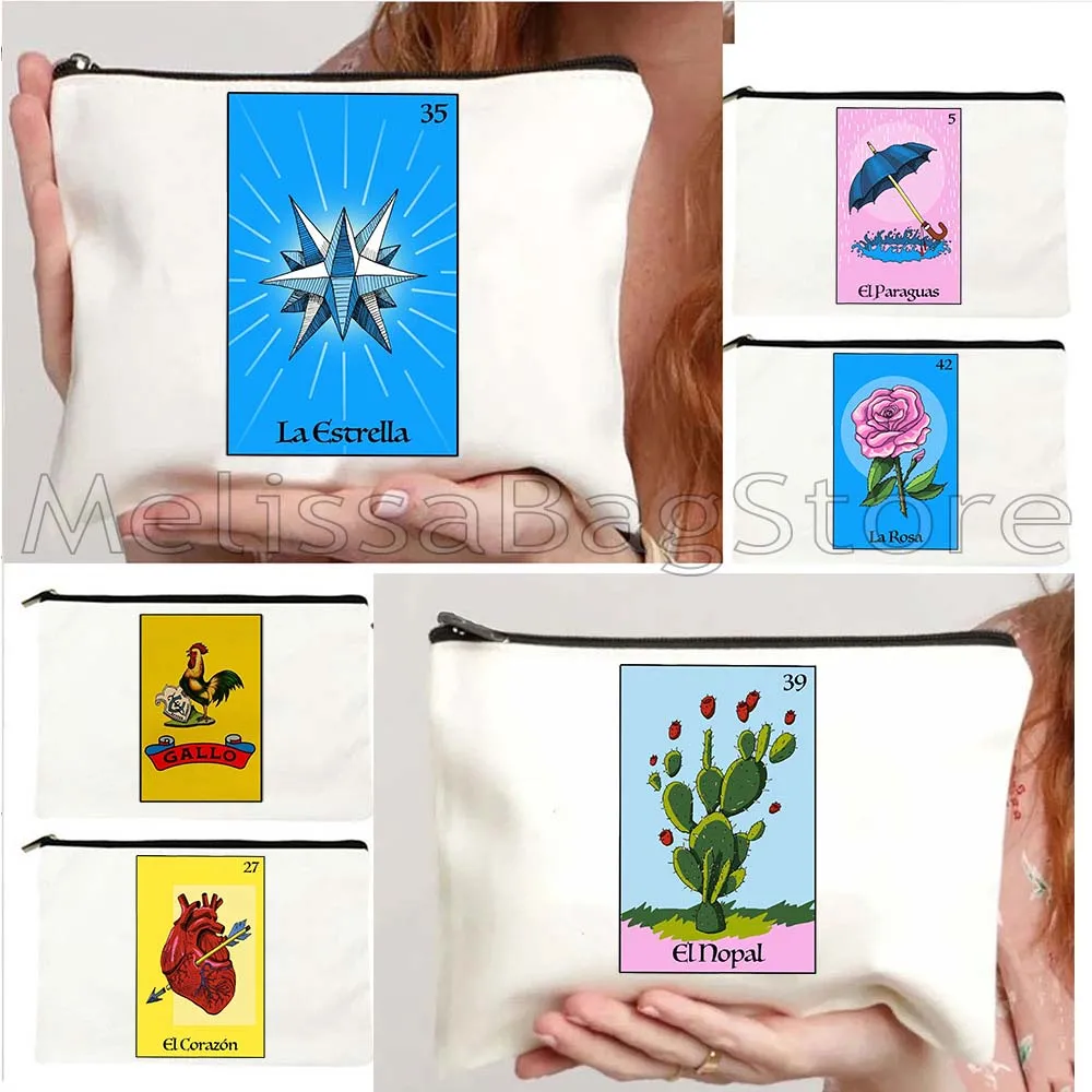 The Heart Aztec Star Umbrella Watermelon ROSA Mexican Loteria Bingo Card Art Canvas Cosmetic Makeup Toilet Bag Pencil Case Pouch