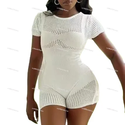 

Solid Knitted Short Sleeve Zip Up Sexy Bodycon Skinny One Piece Playsuit Summer Fashion Streetwear Sport Romper