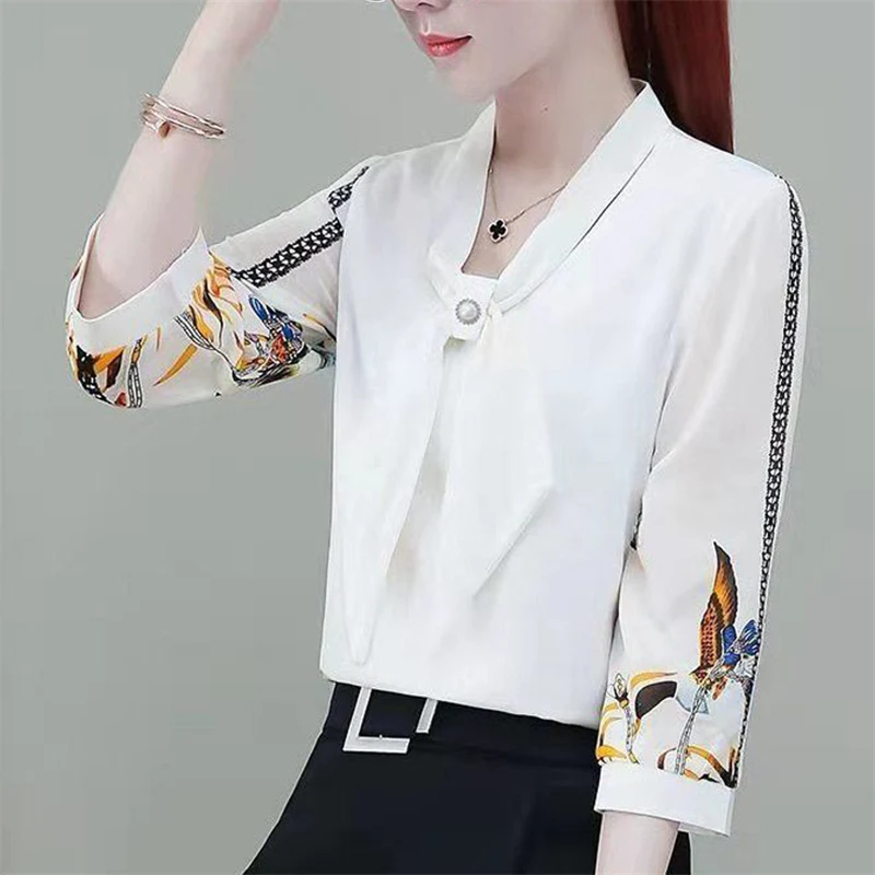 Korean Fashion Elegant Chic Beaded Bow Print Slim Top Blouse Women Spring Summer Casual Half Sleeve Shirts Blusas Mujer Clothing