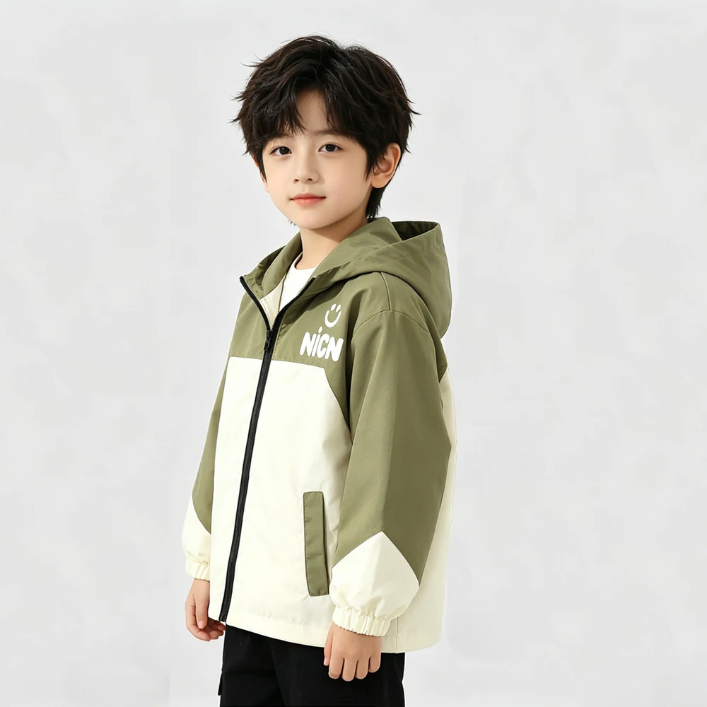 Children Boys Hooded Windbreaker Coat 2026 Spring Autumn Teen Color Blocking Zipper Casual Sports Outerwear Kids Waterproof Coat