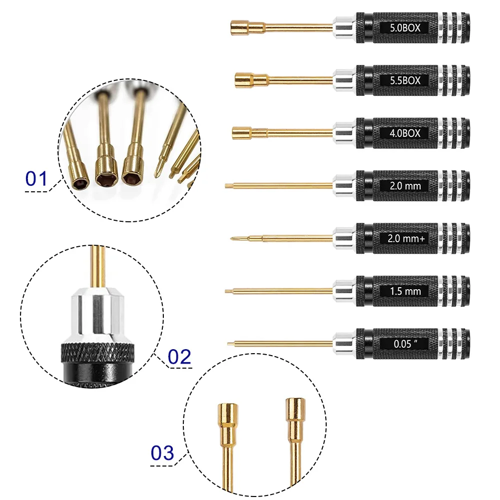 7 buah Set Obeng segi enam, alat perbaikan, Set Kit kunci mur soket untuk mobil RC, Model pesawat, alat perbaikan, 7 buah