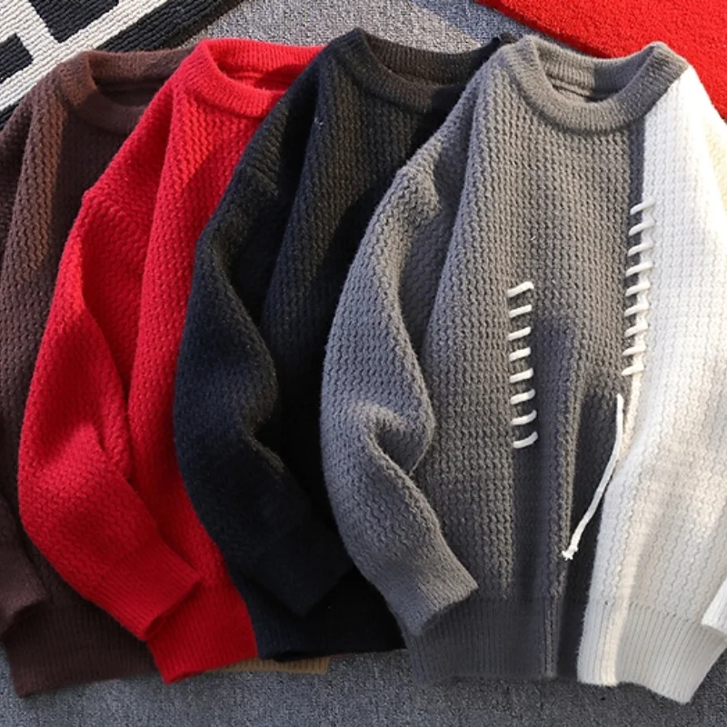 Men's Autumn Winter Long Sleeves Knit Sweater Round Neck Personality Splice Wearing Rope Best Seller Pullover Trend Fashion Tops
