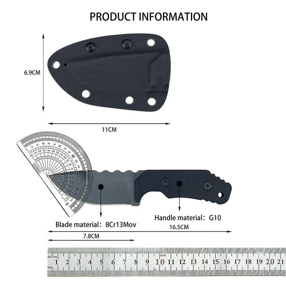 D2 Steel Fixed Knife – Black Non-Slip G10 Grip, Protective Sheath – Lightweight EDC Carry Tool for Outdoor Fishing and Camping
