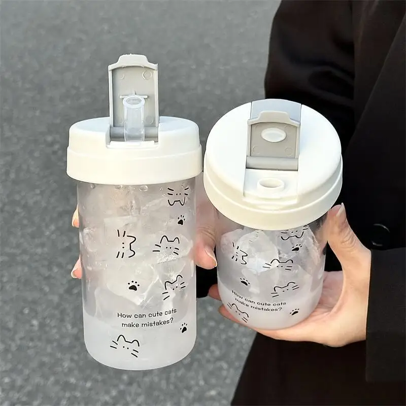500ml Cute Cat Print Leakproof Straw Cup Portable Reusable Water Bottle for Women Girls Coffee Milk Juice Office School Travel view 6
