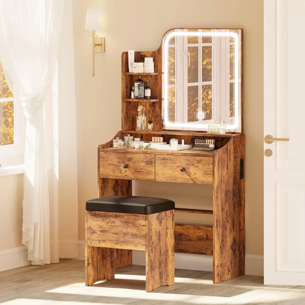 

Makeup Vanity Desk with Mirror and Lights Vanity Table Set with Two Storage Drawer Three Shelves and Chair Vanity Table