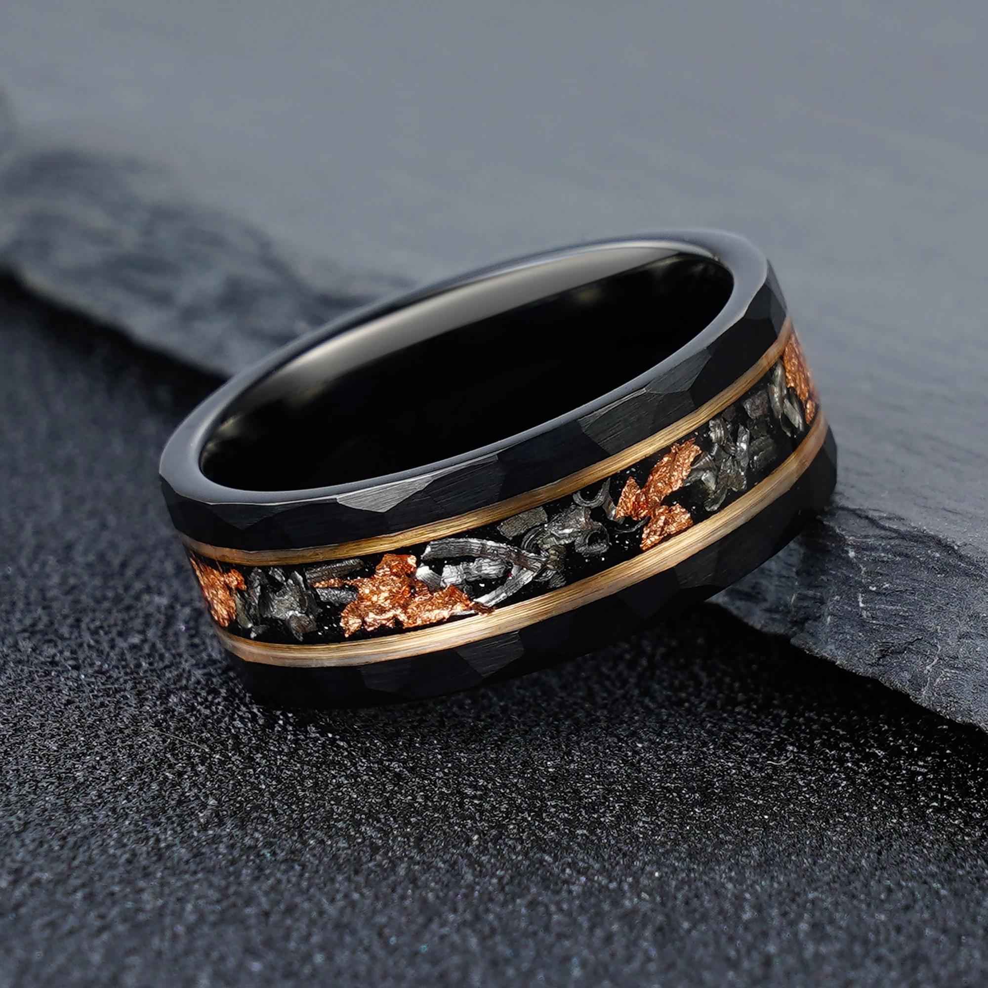 POYA Beveled Edges Black Sandblast Tungsten Ring Iron Filings Rose Gold Foil Inlay