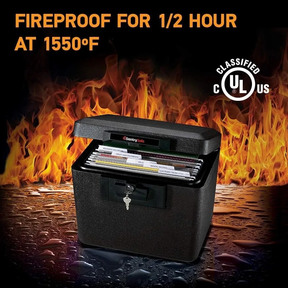 Fireproof Document Box with Key Lock - 0.61 cu ft, Black, Protects Files & Valuables