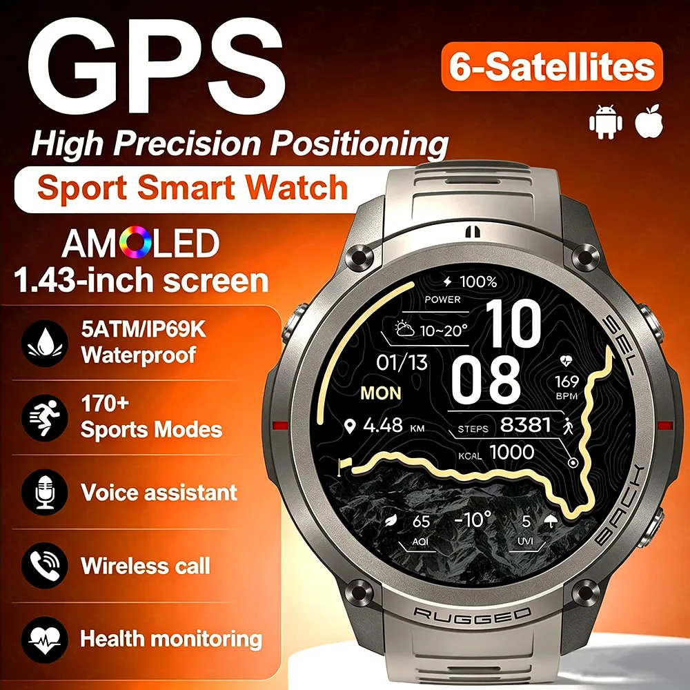 2026 New GPS Map Navigation Smart Watch Men Women 500 Mah 1.43 Inch Amoled Screen 5ATM Waterproof Sports BT Call Smart Watch