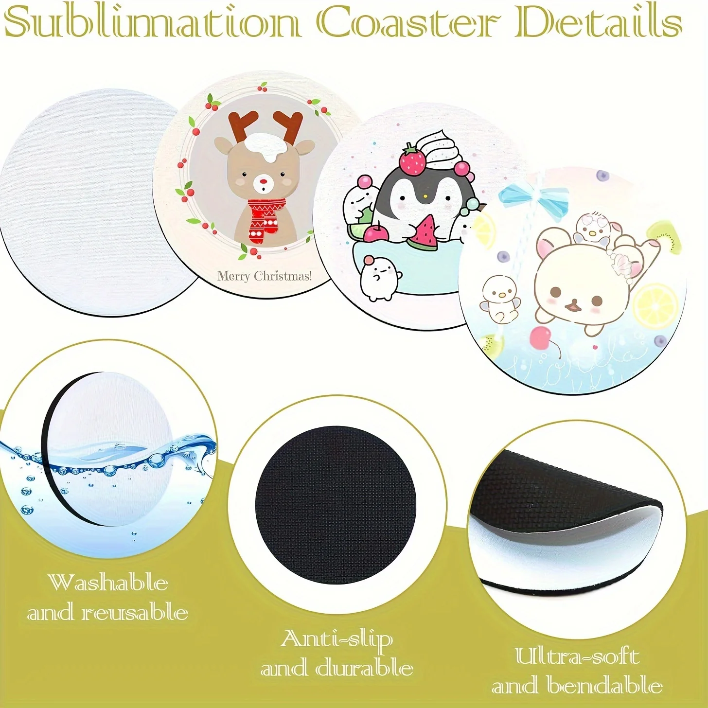30PCS Washable Blank Sublimation Coasters,Soft 10cm Cup Coasters- Anti-Slip, Bendable for DIY Festive Occasions
