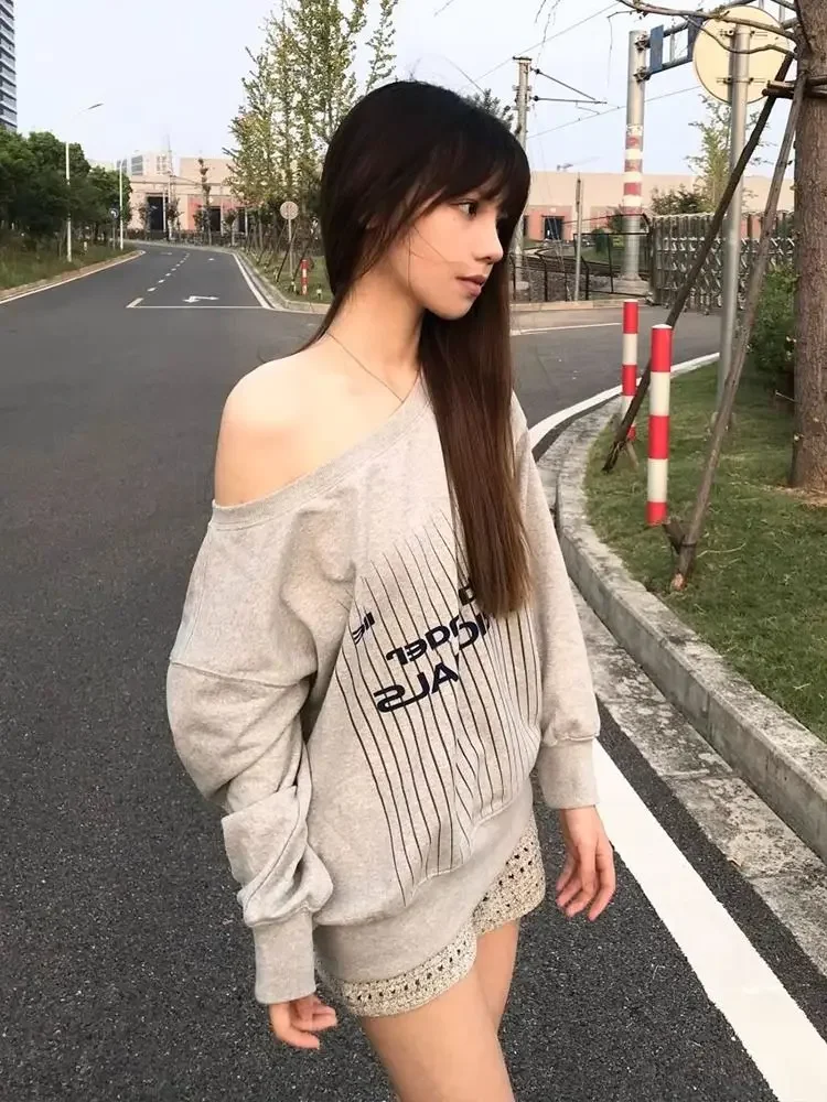 HOUZHOU Sexy Off Shoulder Sweatshirts Women Vintage Y2k Oversized Gray Jersey Tops Korean Style Pullovers Letter Printed Casual