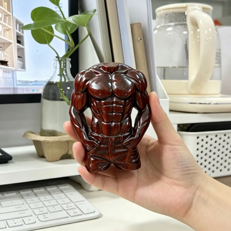 Solid Wood Carved Male Muscle Torso Figurine Handheld Ornament Abdominal Muscle Man Statue Desktop Art Decor Craft Creative Gift