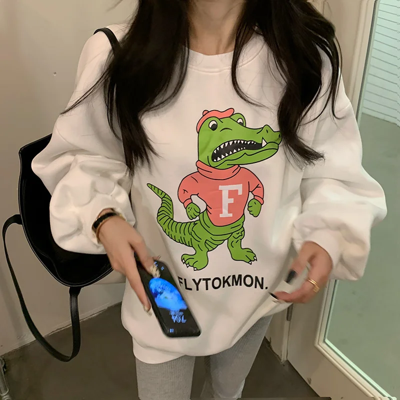 

Autumn and Winter Women's Fashion Temperament Dinosaur Print Plus Velvet Thick Loose Casual Cute Capless Pullover Sweatshirt