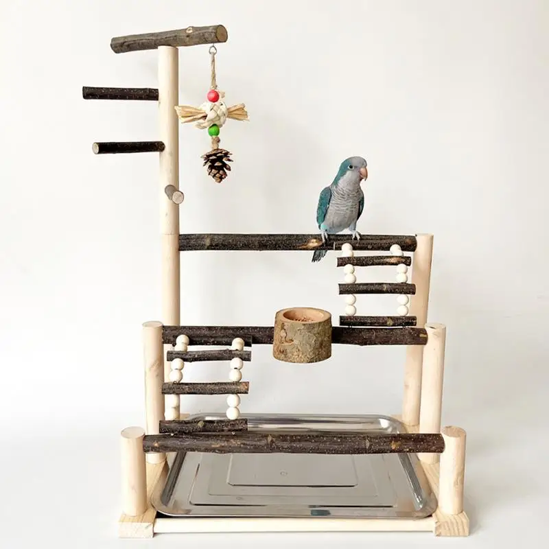 

Parrot Playstand Wooden Bird Playground with Ladder Perch and Feeder Cups Parakeet Exercise Toys lovebirds Cage Accessories