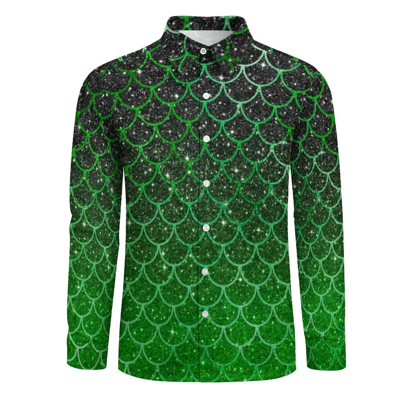 Green Mermaid Scales Shirt Autumn Ombre Glitter Print Casual Shirts Men Elegant Blouses Long Sleeve Graphic Street Style Clothes