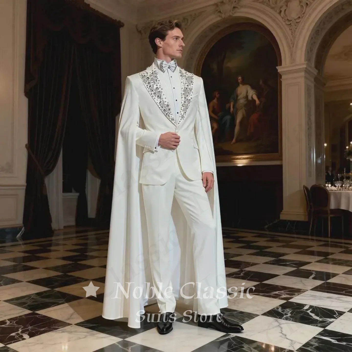 Men White Cape Tuxedo 2 Piece Suit Peak Lapel Rhinestone Embellished Blazer Pants Wedding Groom Evening Stage Banquet Customized