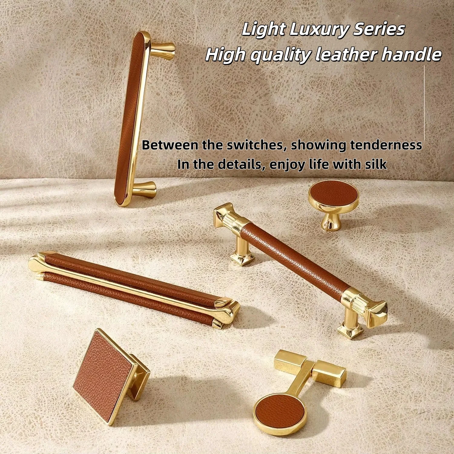 Bright Gold Brown Leather Handle Kitchen Cabinet Handles Fashion Drawer Knobs Pulls for Furniture Door Handle Hardware