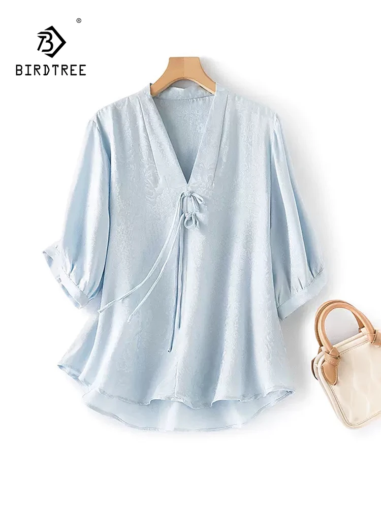 BirdTree, 100%Real Silk Elegant Shirt, Women V Neck Half Sleeve Jacquard, Commute Chinese Vintage Tops, 2024 Summer T45366QC