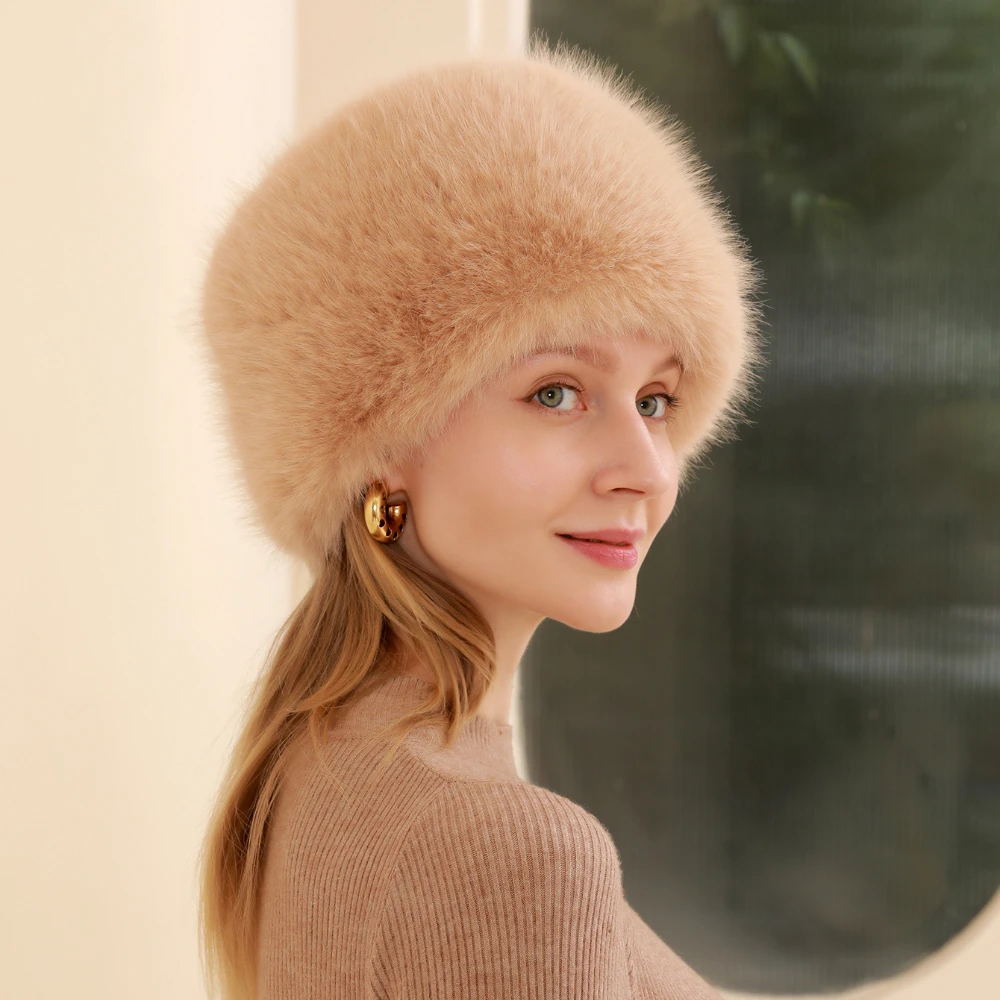 Fashion Women Bucket Hat Flat Top Fox Fur Plush Winter Hat Warm Thickened Ear Protection Windproof Outdoor Hats for Women