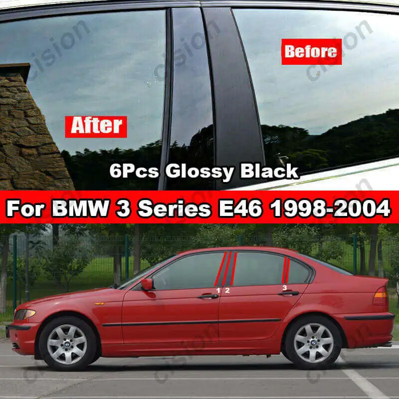 Fit For BMW 3 Series E46 1998-2005 320i 325i 330i PC 6Pcs Glossy Black Door Window Column BC Pillar Posts Cover Trim Stickers