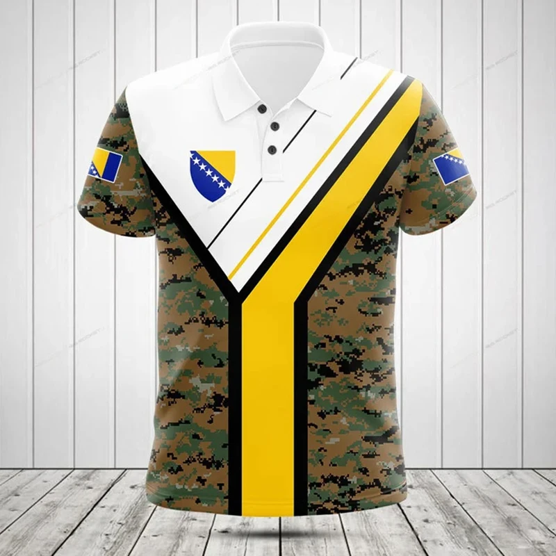 Custom Name Bosnia Shield Skull Graphic Camo Polo Shirt Summer Casual Men's Fashion Pullover Loose Cool Jersey Short Sleeve Tops