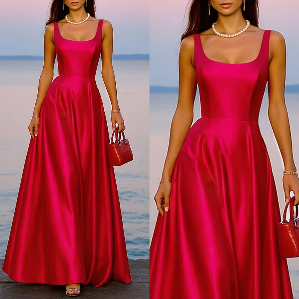 

High Quality Customized Wide Suspenders Sleeveless Ankle Length A-line Woman Elegant Dress Women for Wedding Party Robe Vestidos