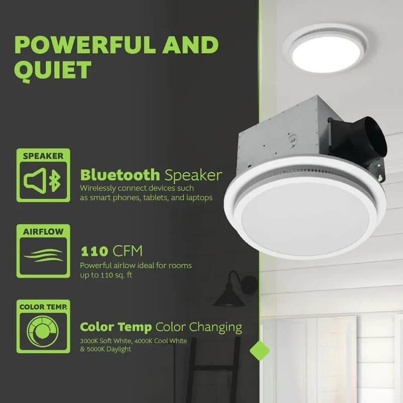 7130-20-BT مروحة حمام بمستشعر للرطوبة مع ضوء LED متغير اللون ومكبر صوت بلوتوث 110 CFM 1.5 Sones 3 Temper
