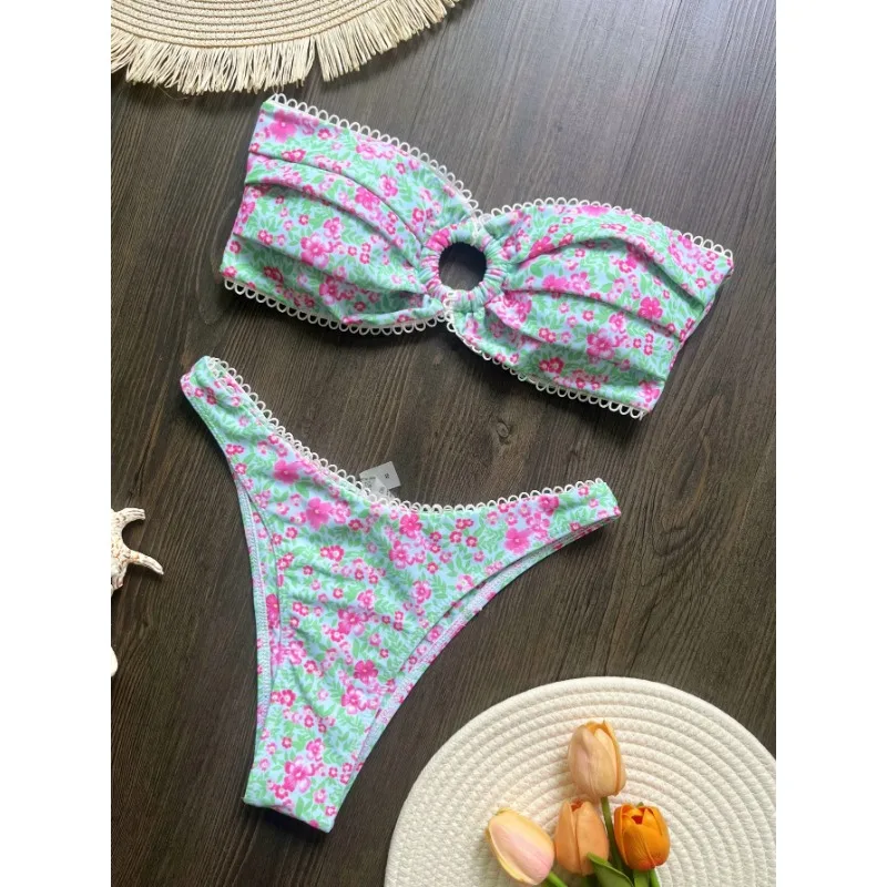 Floral Flowers Bandeau High Leg Cut Bikini Women Swimwear Female Swimsuit Two-pieces Bikini set Bather Bathing Suit Swim