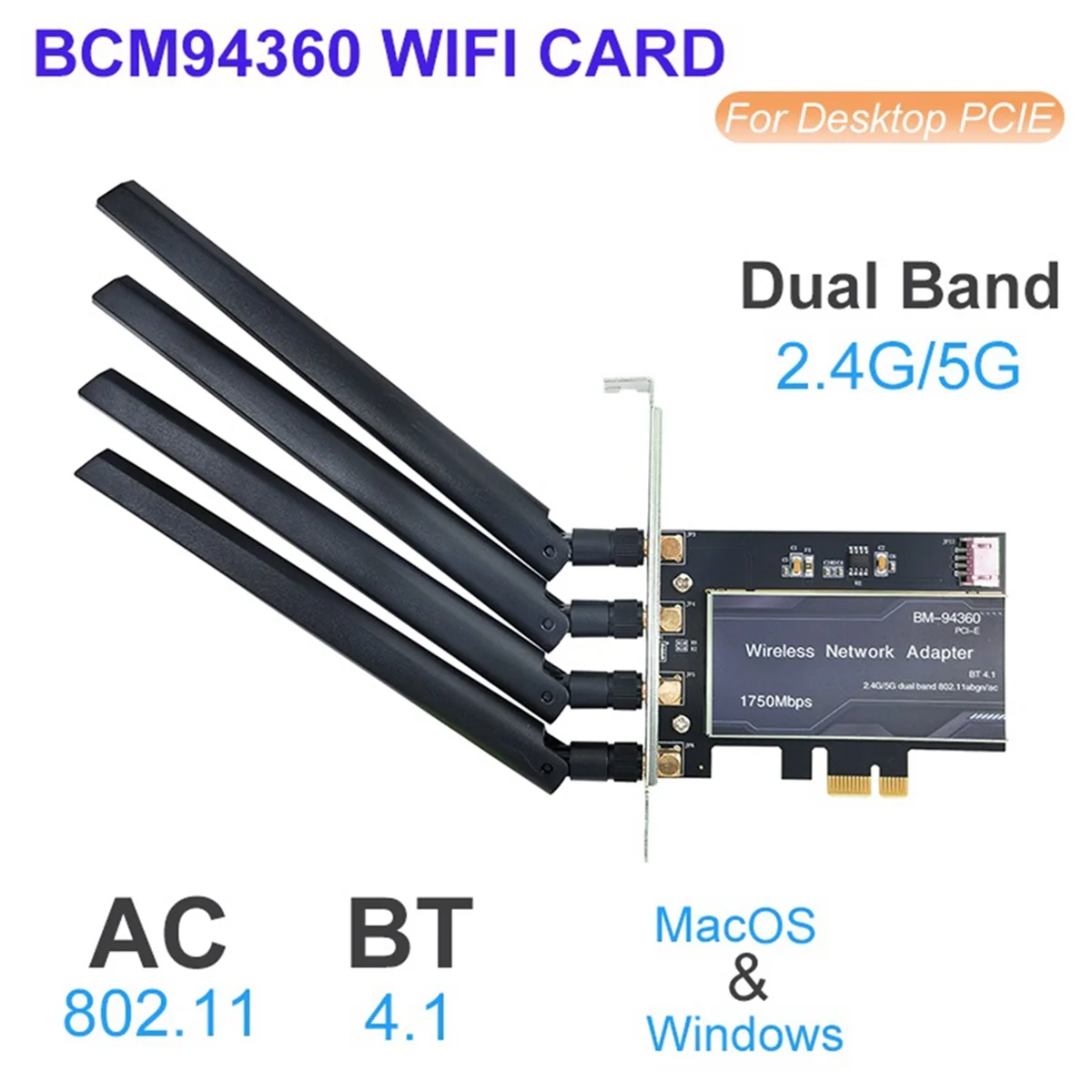 2025 + PCIE بطاقة الشبكة Wifi BCM94360 2.4G/5G بطاقة الشبكة المزدوجة النطاق بلوتوث 4.1 Pci-E X1 محول سطح المكتب اللاسلكي 1750Mbps #6