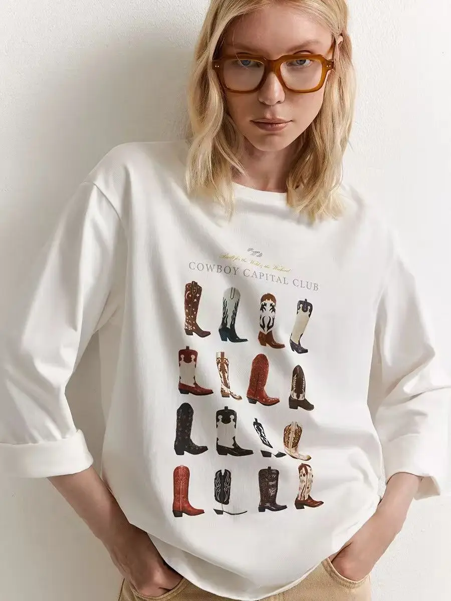 New Various Styles of Boots Printed American Graphic T Shirts Women's Long Sleeve 100% Cotton T-shirt 2026 Summer Spring Clothes