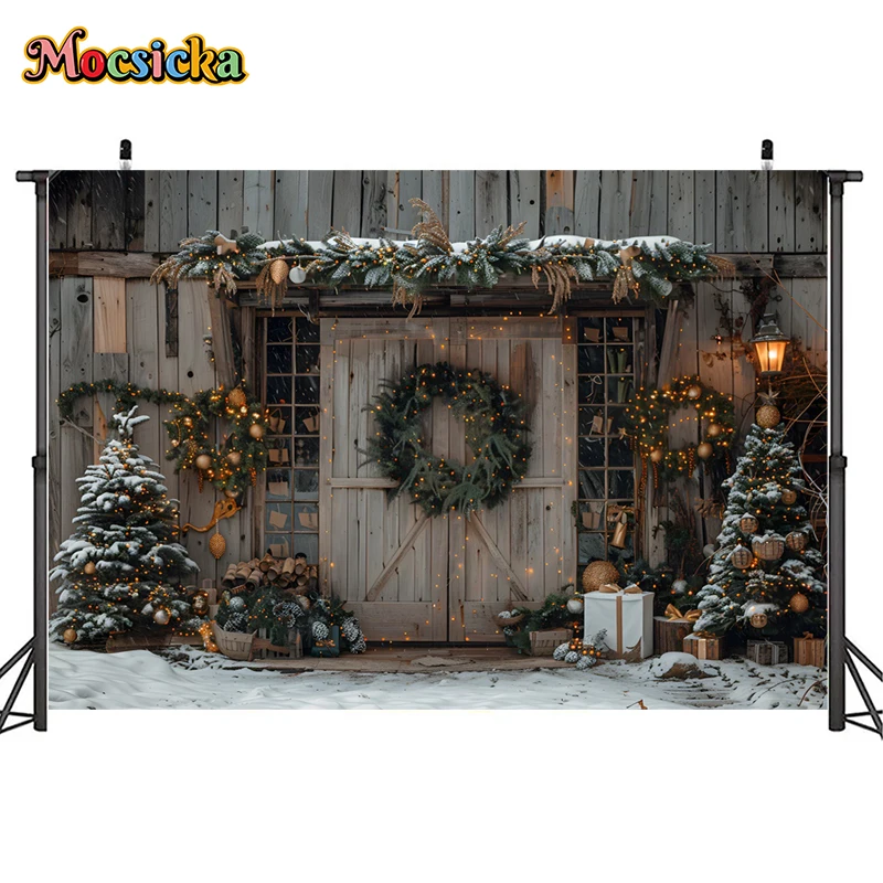 Fondo de fotografía de Navidad, árbol de Navidad, decoración de fiesta, casa de madera, puerta, nieve, niño, Adulto, retrato familiar, estudio de fondo personalizado