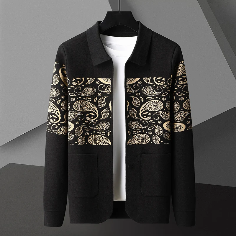 High end luxury fashion jacquard knitted cardigan men's 2024 autumn new trend European American cashew flower sweater shawl coat