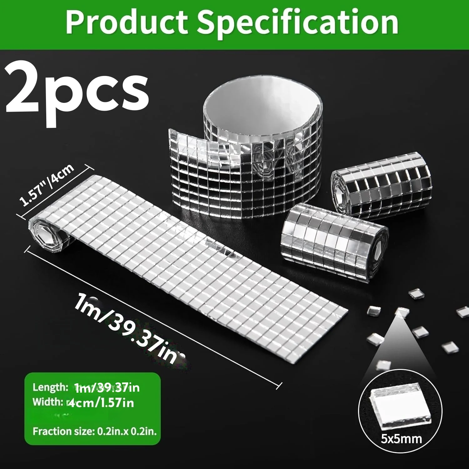 2Roll 1m/78.74in Self-Adhesive Mini  Glass Mirrors Mosaic Tiles，Disco Ball Mirror Tiles Self Adhesive Disco Tapes Mirror Tiles