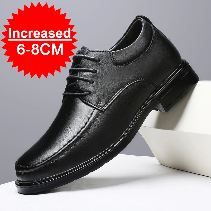 Black Leather Sneakers with Thick Soles Men Shoes Outdoor Men Formal Shoes Invisible Inner Height Increasing Men's Shoes 6/8 CM
