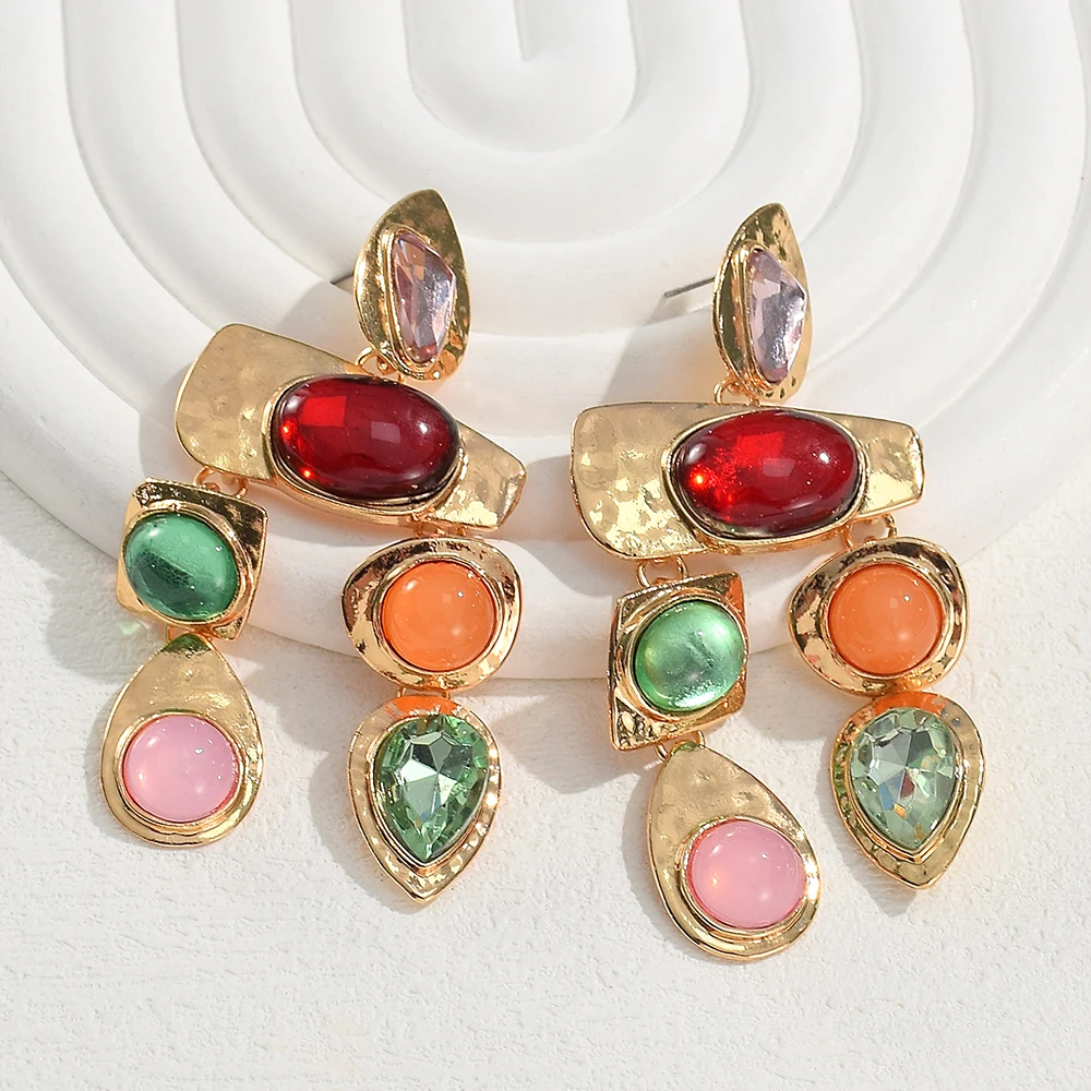 Fashion Metal Inlaid Colorful Crystal Dangle Earrings for Women Vintage Sparkly Irregular Drop Earrings Party Jewelry Gifts