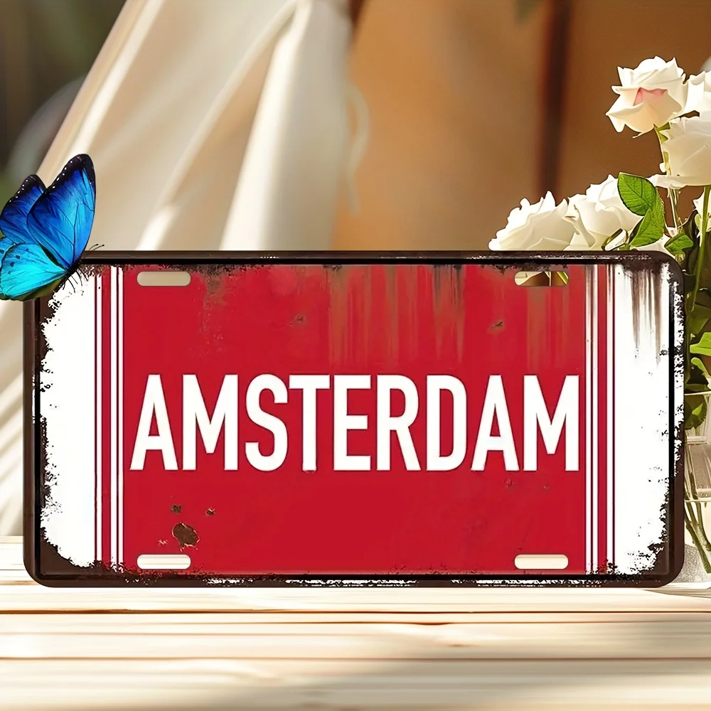 1  Amsterdam Metal Sign, Wall Decor Plaque, Waterproof and Pre-Drilled, Multipurpose Suitable for Home, Bar, Garage, Lawn - Perf