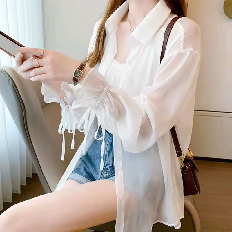 Chiffon Loose Sun Proof Blouse Women Elegant Fashion Lazy Wind Thin Shirt Sweet Long Sleeve Lace Up Female Design Solid Tops New