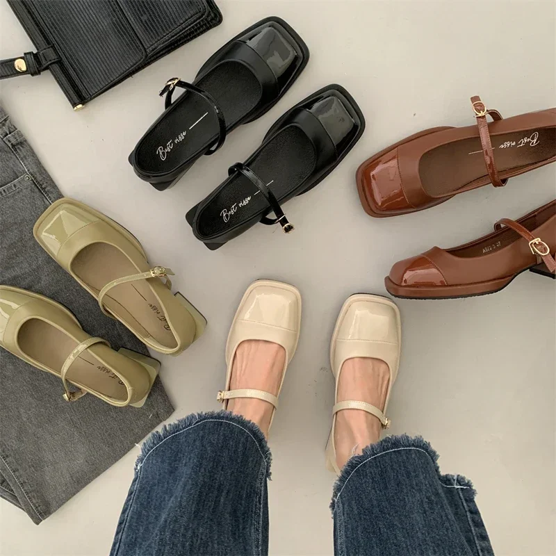 Designerskie damskie buty Mary Jane wiosenne buty modna klamra kobiet z kwadratowym palcem średni obcas eleganckie damskie czółenka