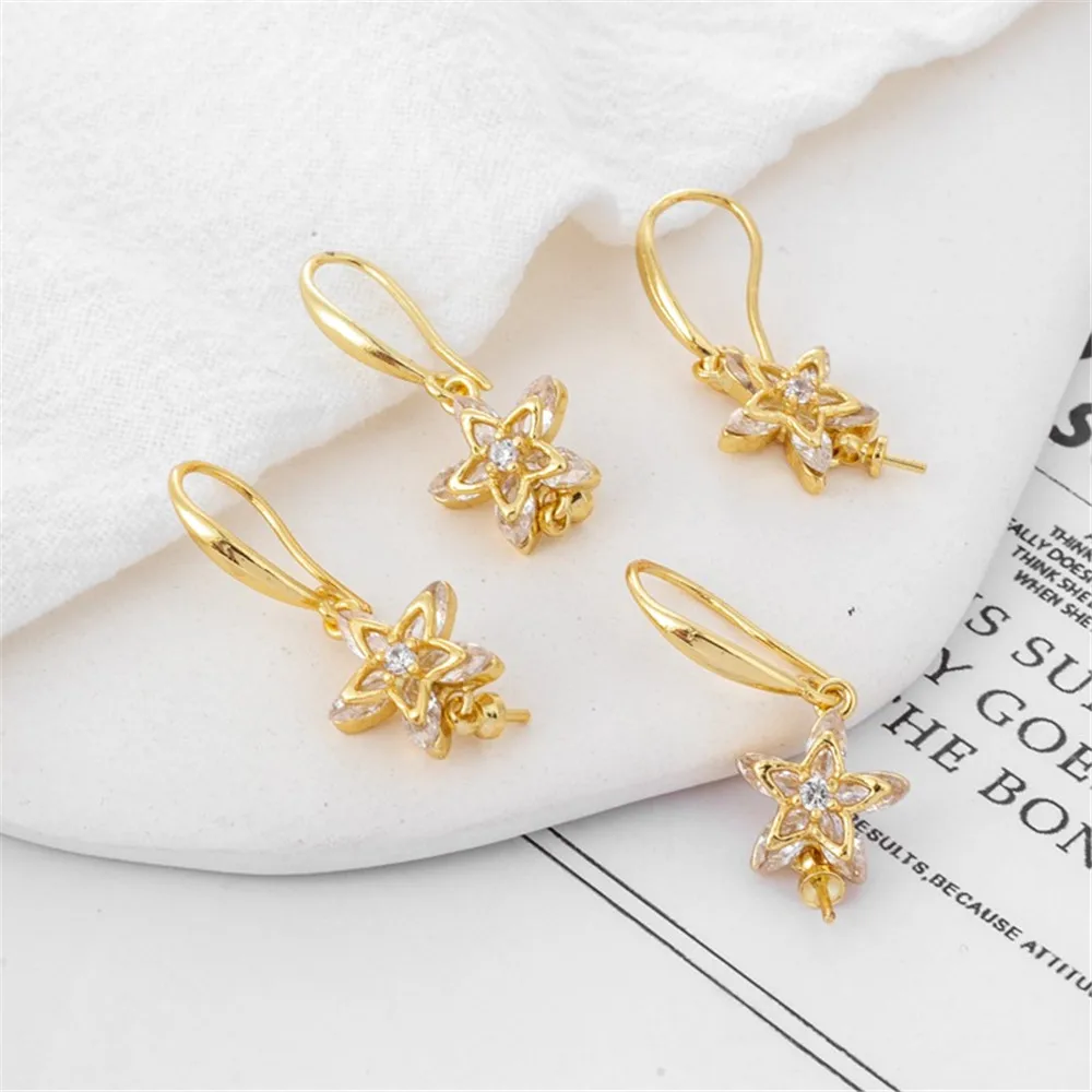 18K Gold Bag Zircon Five-Leaf Flower Belt, Needle Ear Hook, DIY Jewelry Accessories, Earrings Accessories