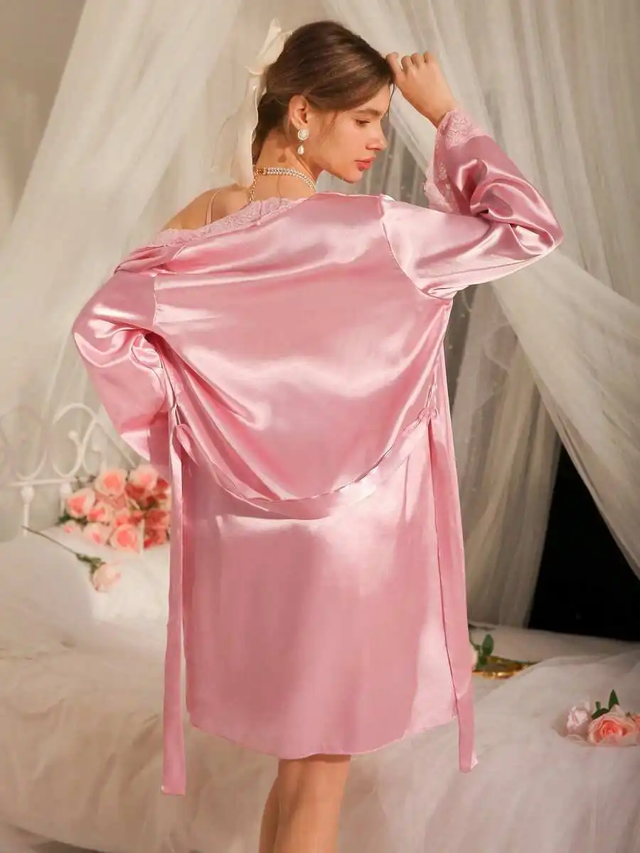 

Womens Satin Lace Trim Sleep Robe With Tie Waist Romantic Nightwear