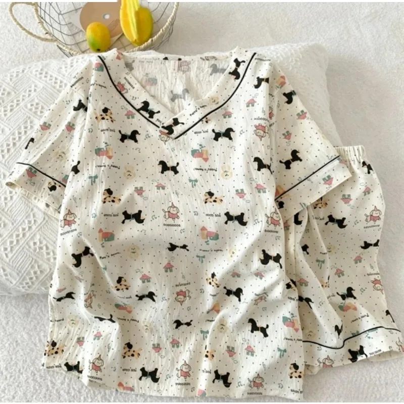 

Cute Dot Letter Dog Print Women's Pajamas Sweet Harajuku Style Kawaii Women's Pajamas Set Summer V-neck New Casual Sleepwear
